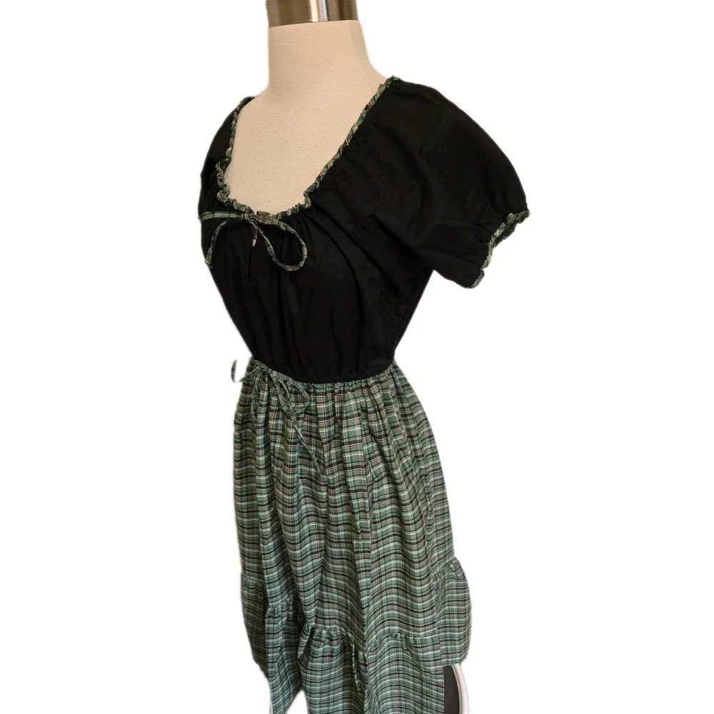 1960s 70s Vintage Womens Dress High Waist Green Plaid Schoolgirl Cinch Tie Bust - Picture 2 of 8